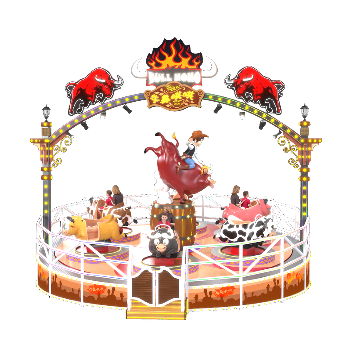 Amusement Park Rides - Wild West Adventure Bull Ride: 12-Seat Crazy Bullfighting and Spinning Carousel Combo