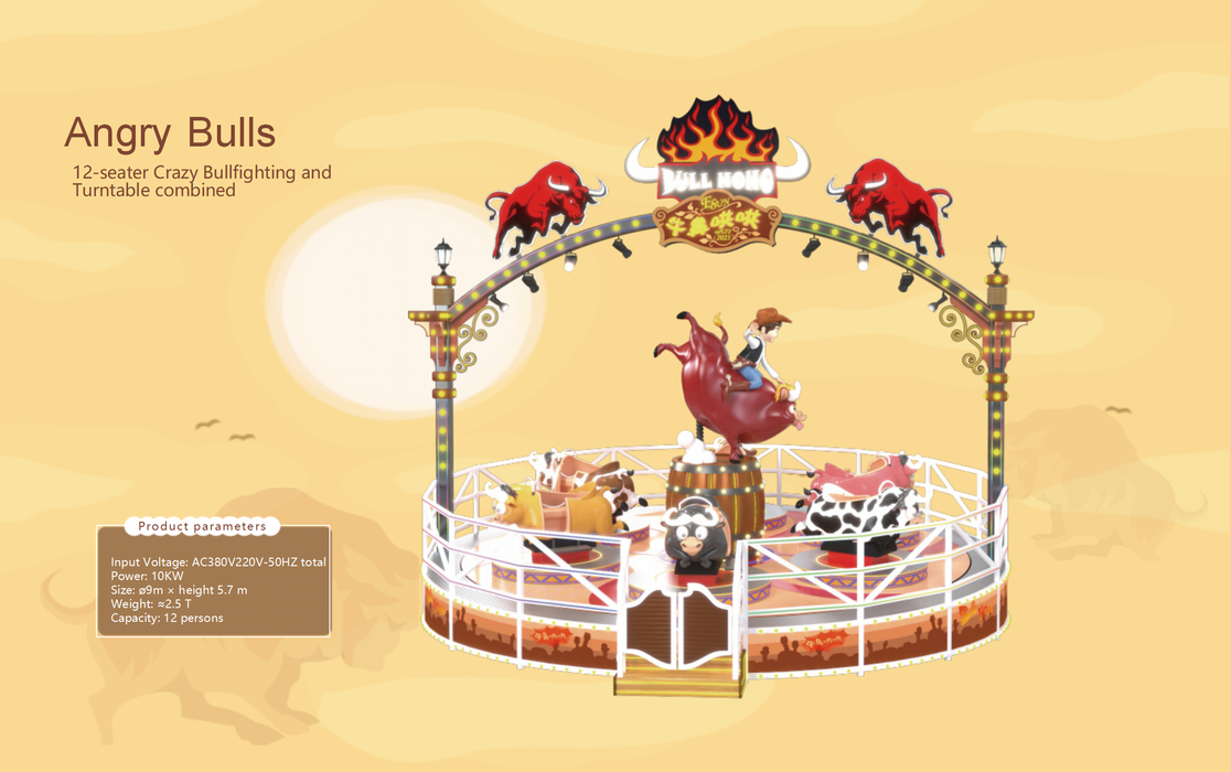 Amusement Park Rides - Wild West Adventure Bull Ride: 12-Seat Crazy Bullfighting and Spinning Carousel Combo